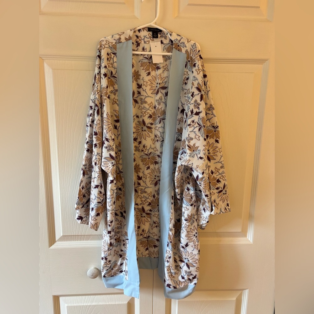 Ann Taylor Floral Kimono Coverup with Blue Trim Sz M/L